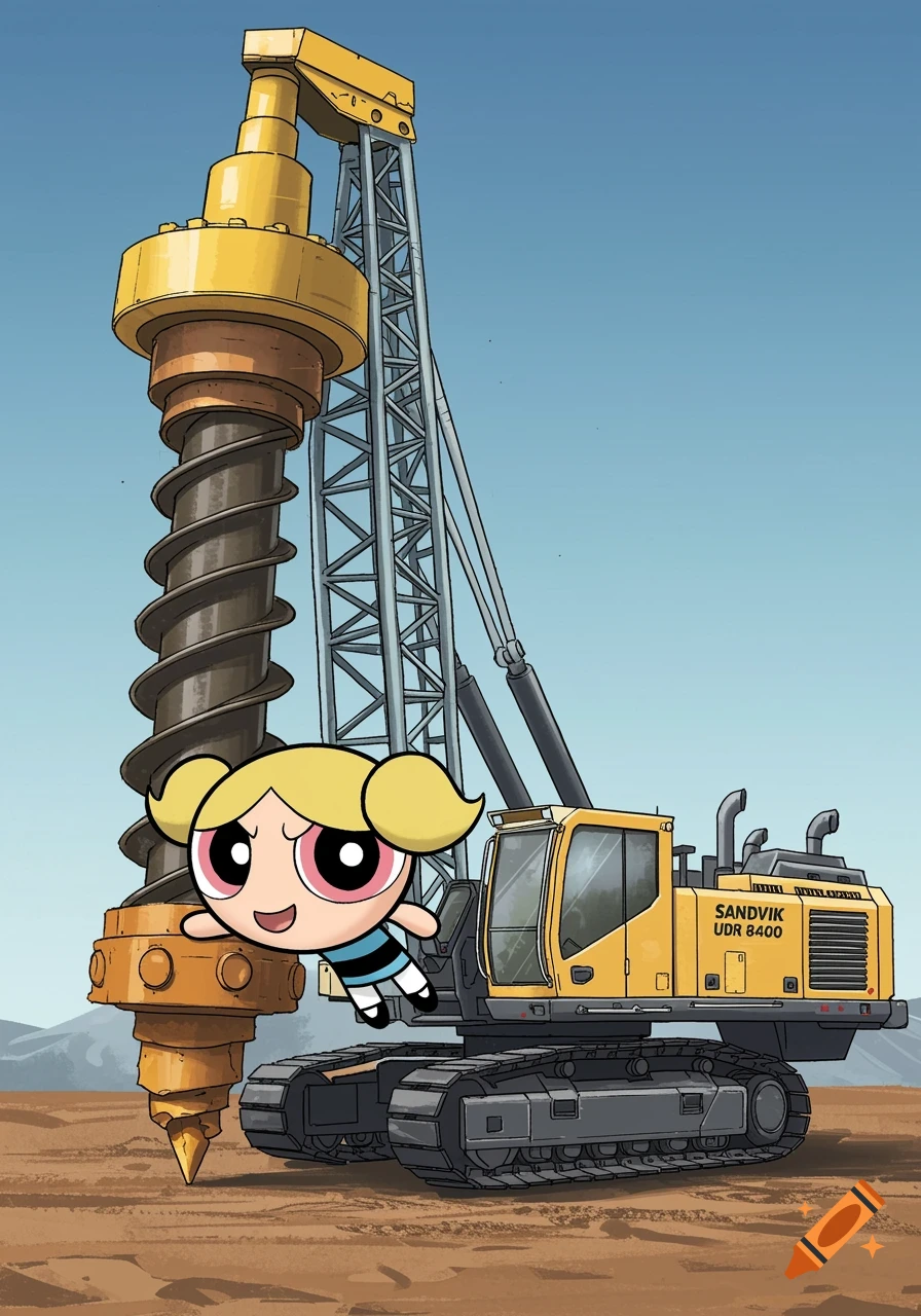 Cartoon Bubbles character floats next to a large yellow construction drill rig