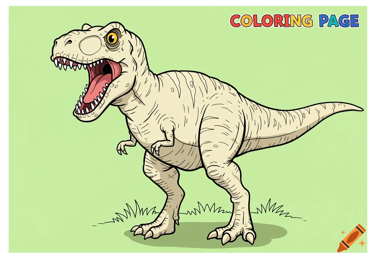 A cartoon T-Rex in line art style, roaring, on a green background, labeled 'COLORING PAGE'.