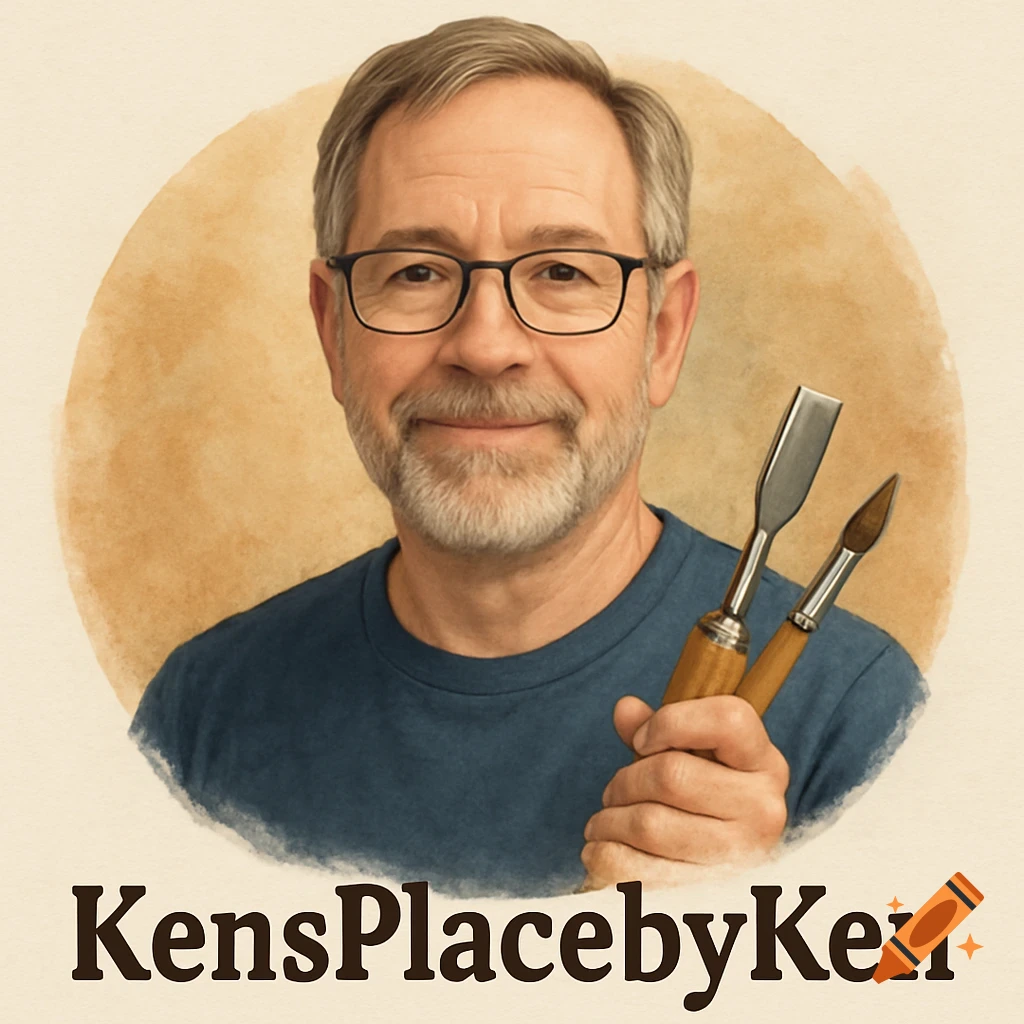 Painterly portrait of a smiling man in glasses and beard holding carving tools, with 'KensPlacebyKen' text below.