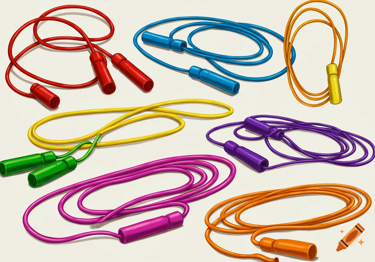 Several colorful jump ropes are scattered on a light background.