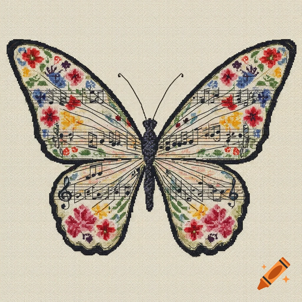 Cross-stitch pattern of a butterfly with musical notes and flowers on its wings.
