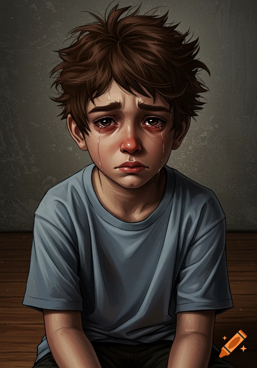 Illustration of a crying boy with tears.