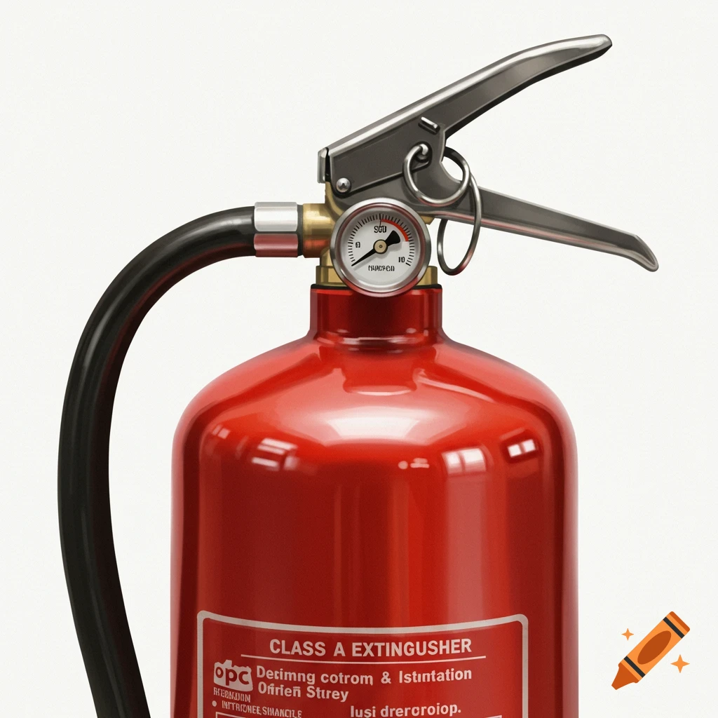 A close-up of a red fire extinguisher with a pressure gauge and black hose.