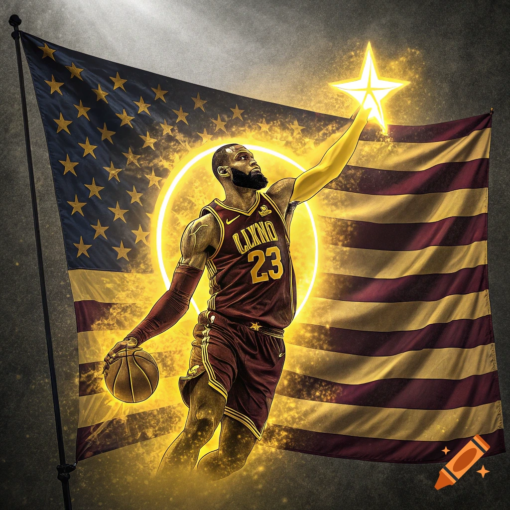 Basketball player resembling LeBron James in a burgundy jersey and gold shorts, reaching for a glowing star against an American flag background with golden aura.