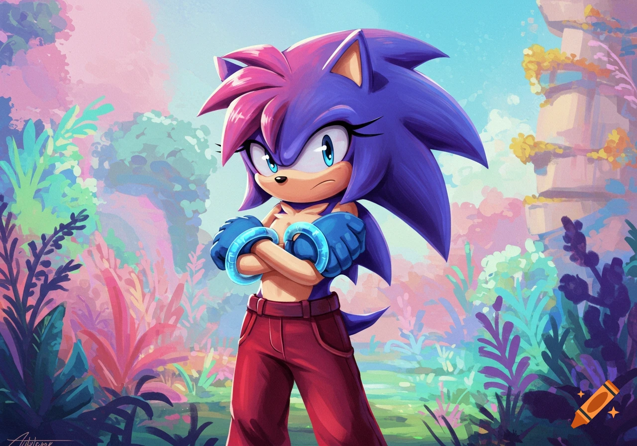 Ayumi the hedgehog with arms crossed, wearing red pants and blue rings, in a colorful fantasy landscape illustration