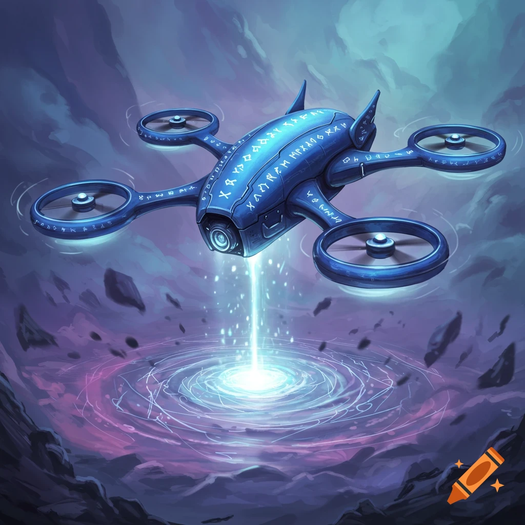 A blue fantasy drone with runes hovers over a glowing magical vortex in a dark, cloudy, rocky landscape, digital painting.
