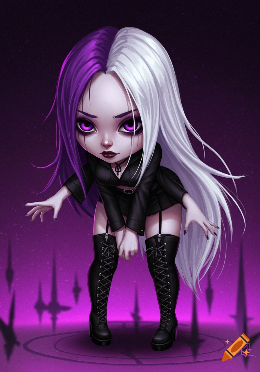 A cute chibi-style character with split purple and white hair, wearing black gothic clothing and boots, posing.