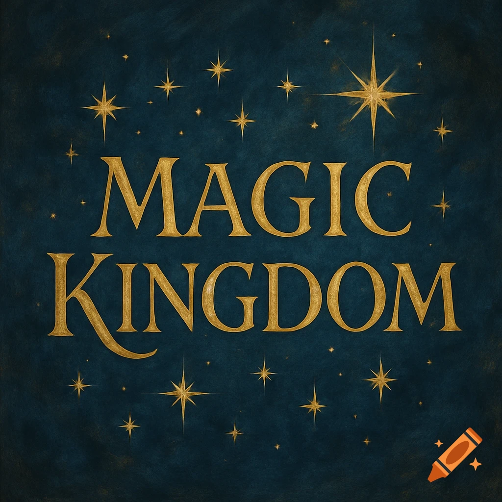 Gold text "MAGIC KINGDOM" with stars on a dark blue background.