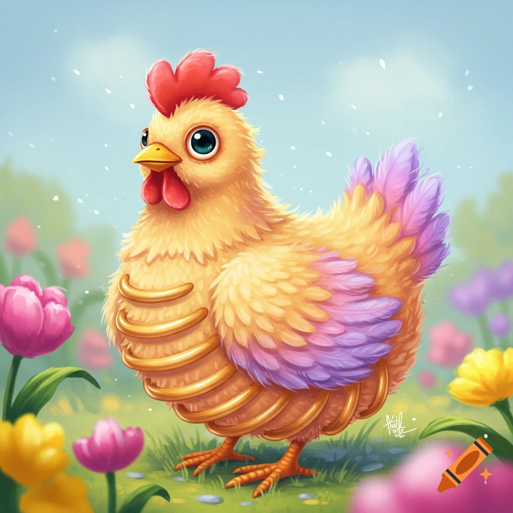 Cartoon chicken with golden spring coils in a field of colorful tulips