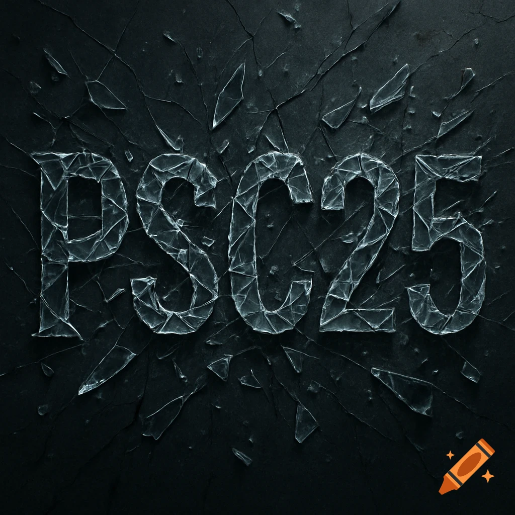 Text PSC25 made of shattered glass on a dark, cracked background.