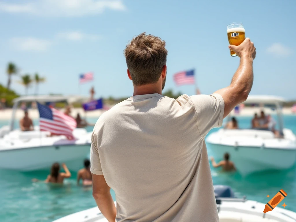 A man on a boat raises a glass of beer, facing boats with American flags and people swimming.
