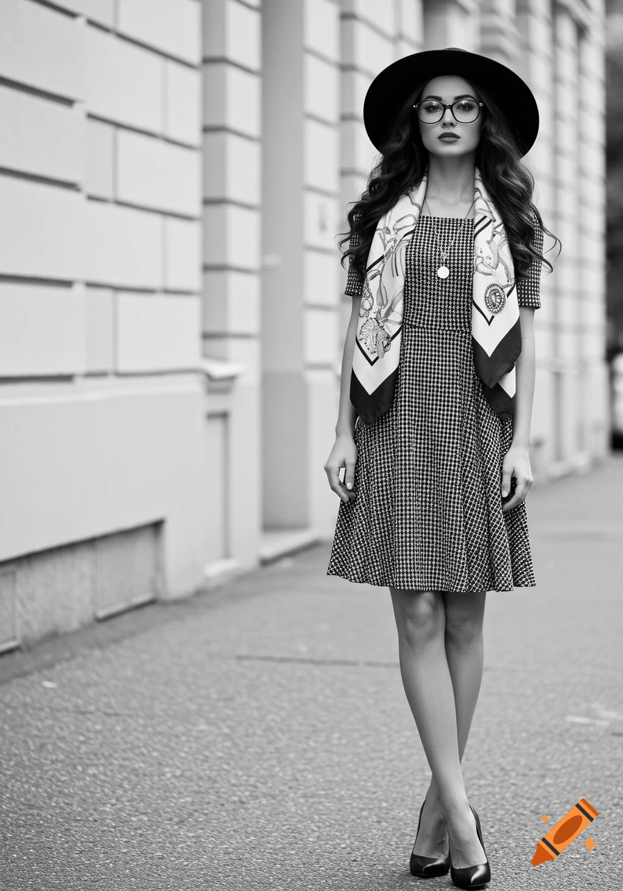Black and white photo of a woman in a houndstooth dress, hat, glasses, and scarf standing on a sidewalk
