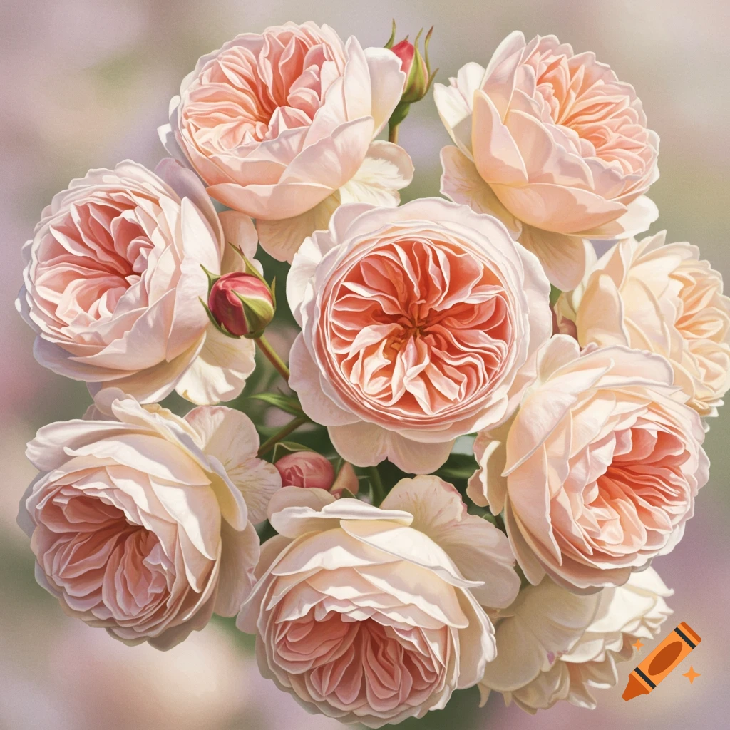 Close-up of a cluster of light pink and peach roses.