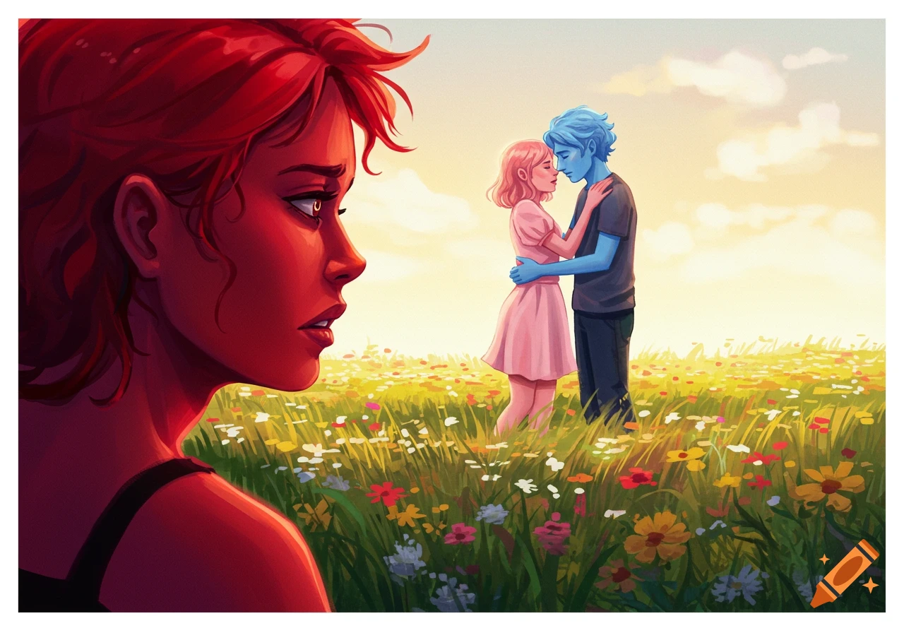 An illustration of a red-skinned person looking sadly at a blue and pink-skinned couple hugging in a flower field.