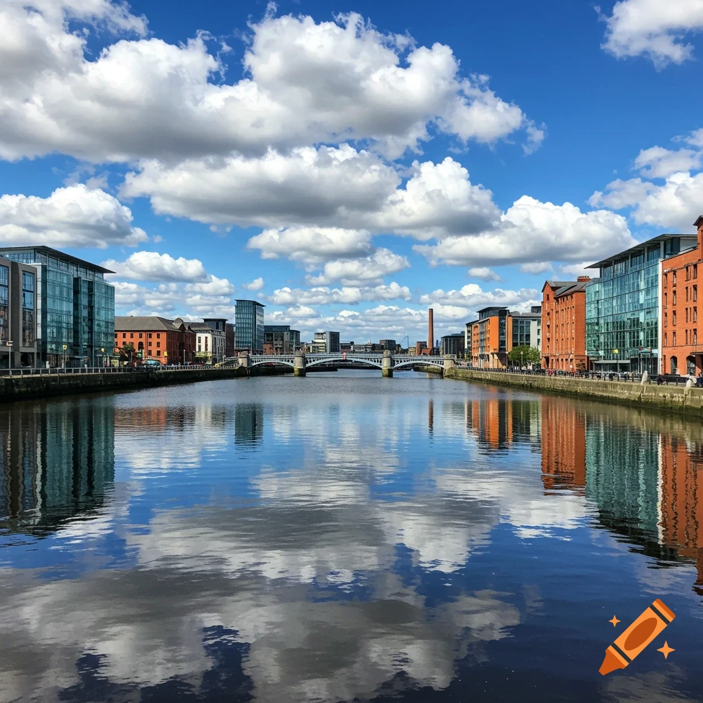 A river flows through a city with modern and brick buildings lining the banks, reflected in the water under a blue sky with white clouds.