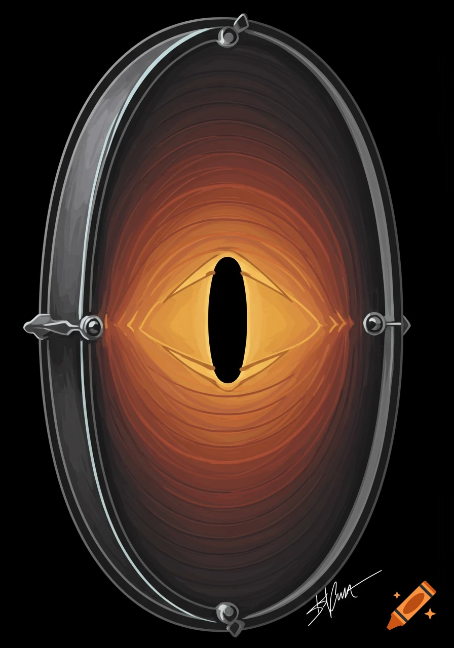 A stylized glowing orange and yellow eye set in a dark oval frame against a black background.