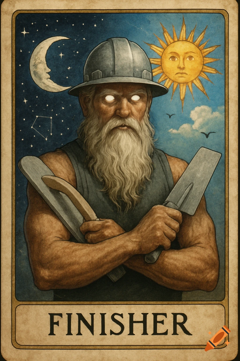 Illustration of a man with a beard and hard hat, holding concrete tools. Moon, sun, and stars are in the background.