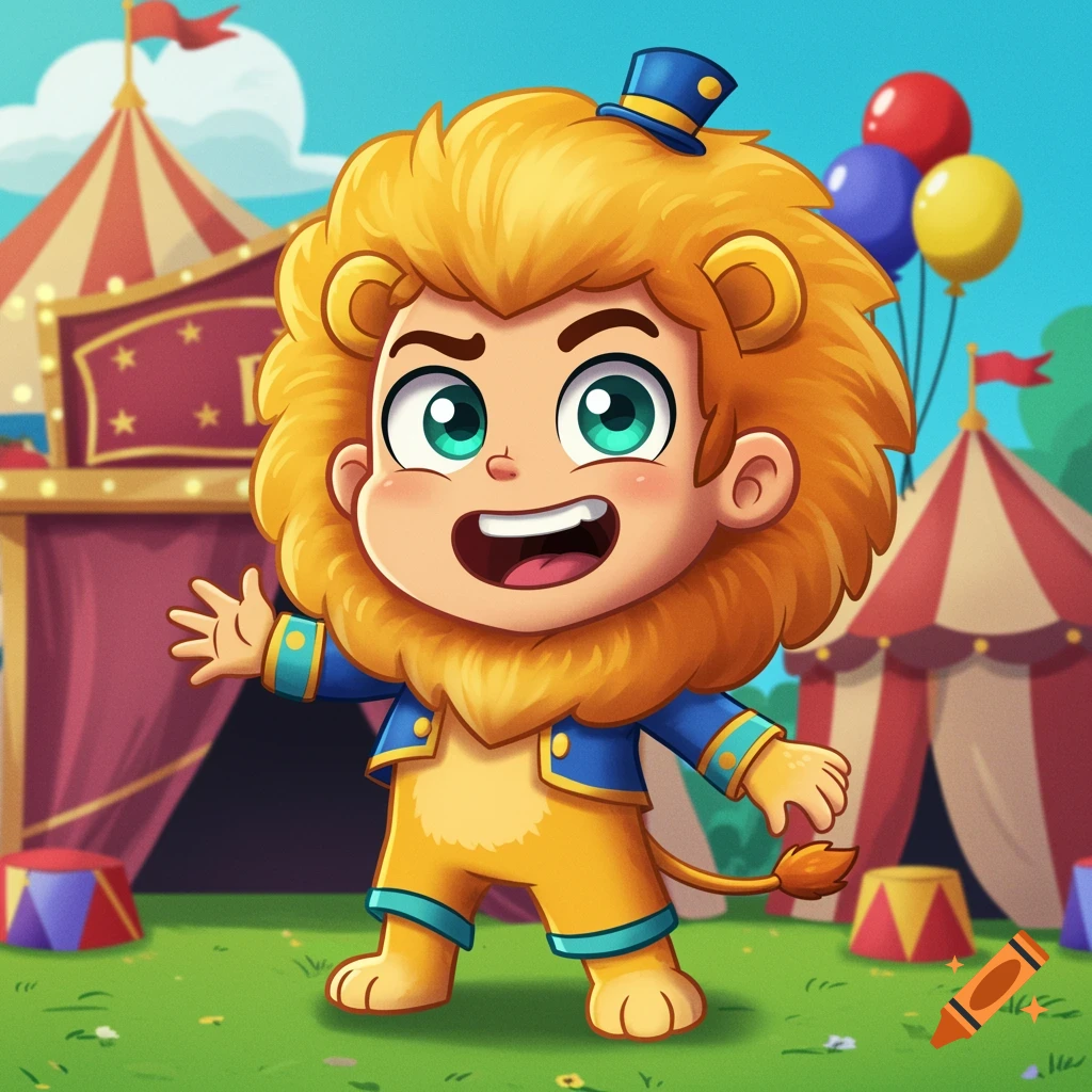 A cartoon child dressed as a lion stands happily in front of a circus tent with balloons.