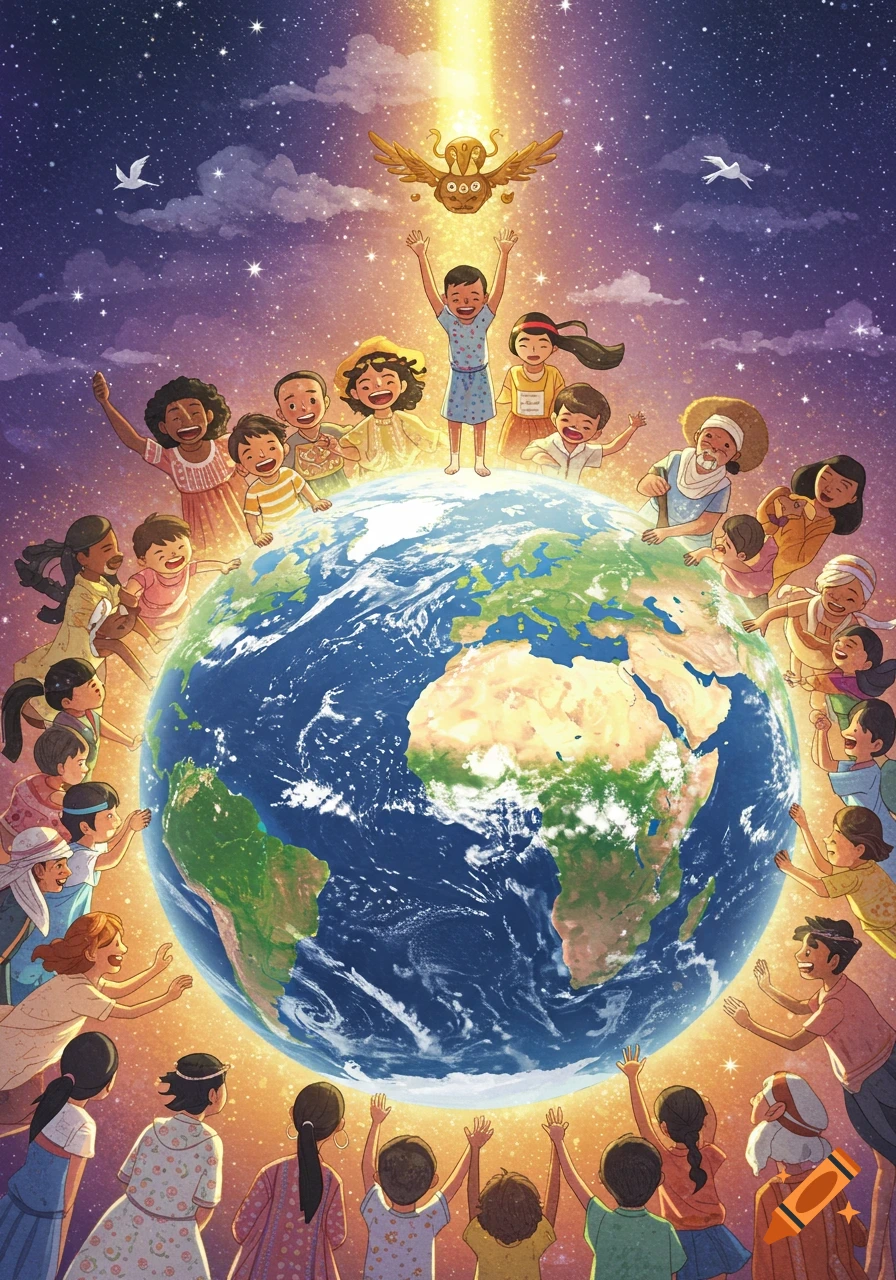 Diverse people of all ages surround and look up at the Earth under a starry sky, bathed in golden light.