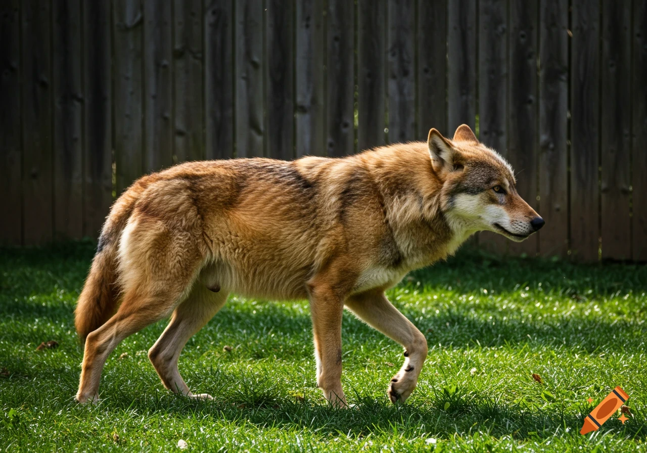 A reddish-brown wolf walks on green grass in front of a wooden fence.