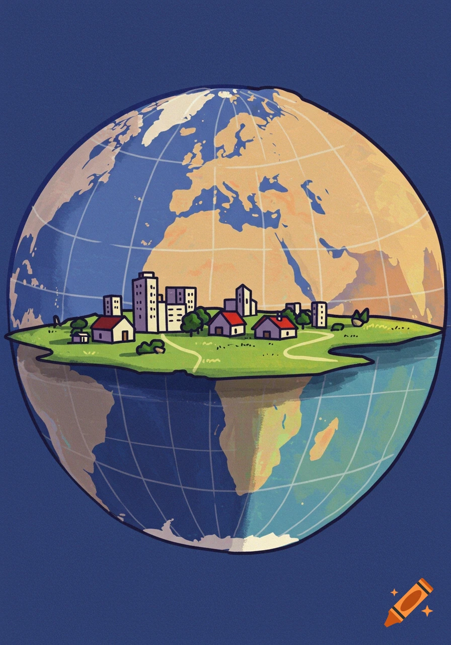 A stylized illustration of the Earth cut open to reveal a grassy island with buildings and houses.