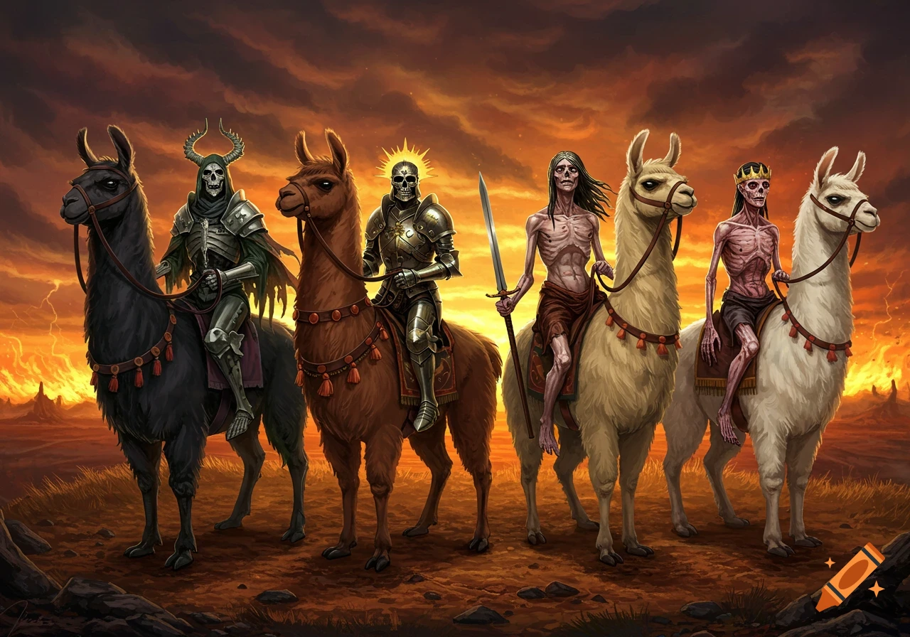 Five skeletal and decayed riders on llamas in an apocalyptic landscape under an orange sky.
