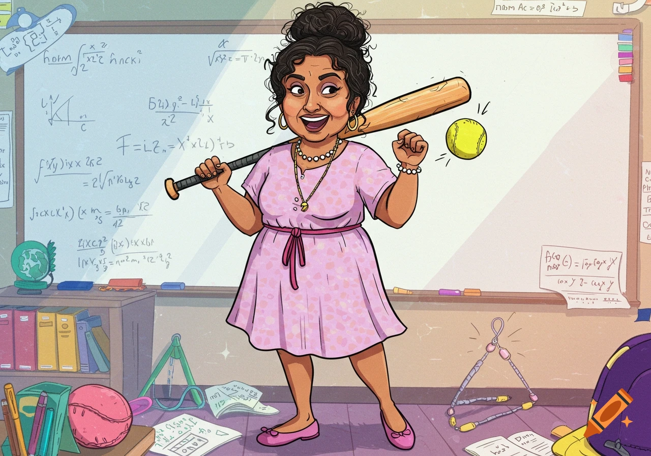 Cartoon math teacher with messy bun holds a softball bat and ball in a classroom with equations on the whiteboard.