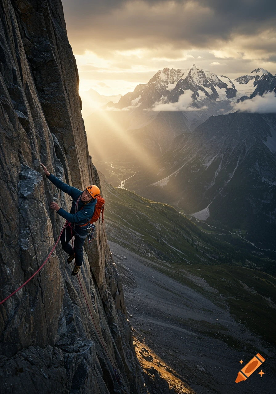 A rock climber on a steep mountain face with rays of sunlight in the background landscape. Photorealistic style.