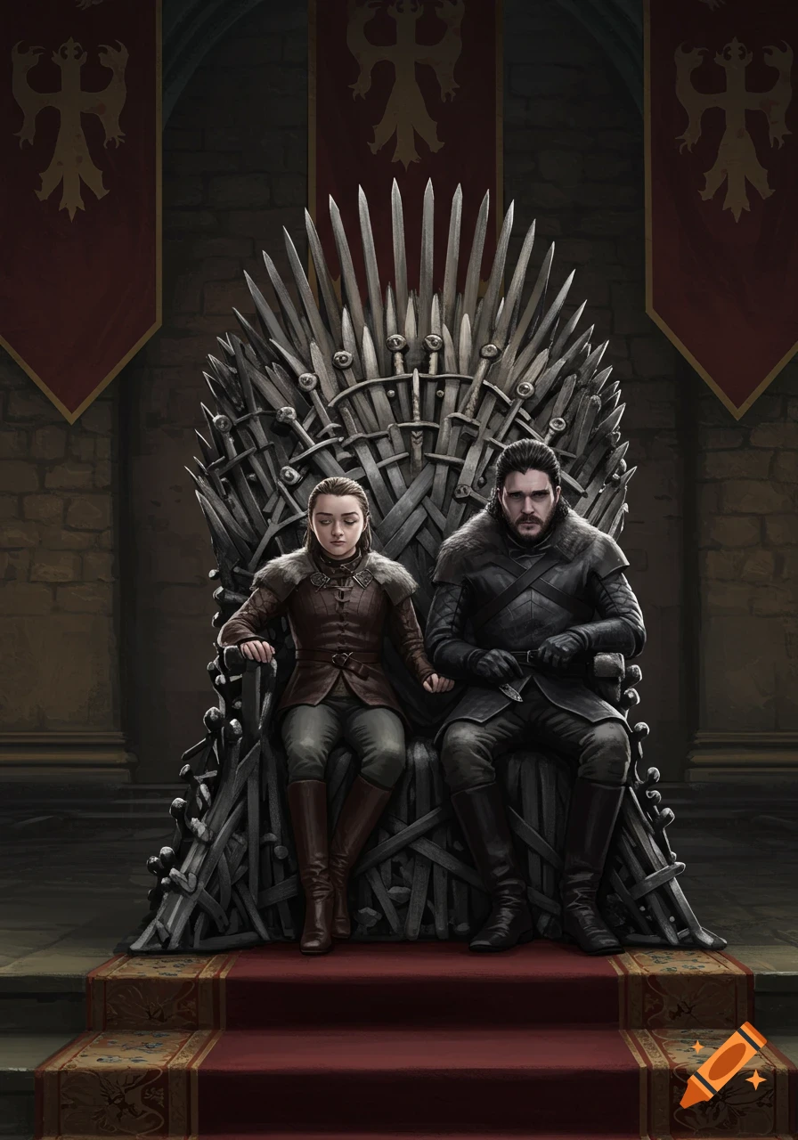 Fantasy illustration of Arya Stark and Jon Snow sitting side-by-side on the Iron Throne.