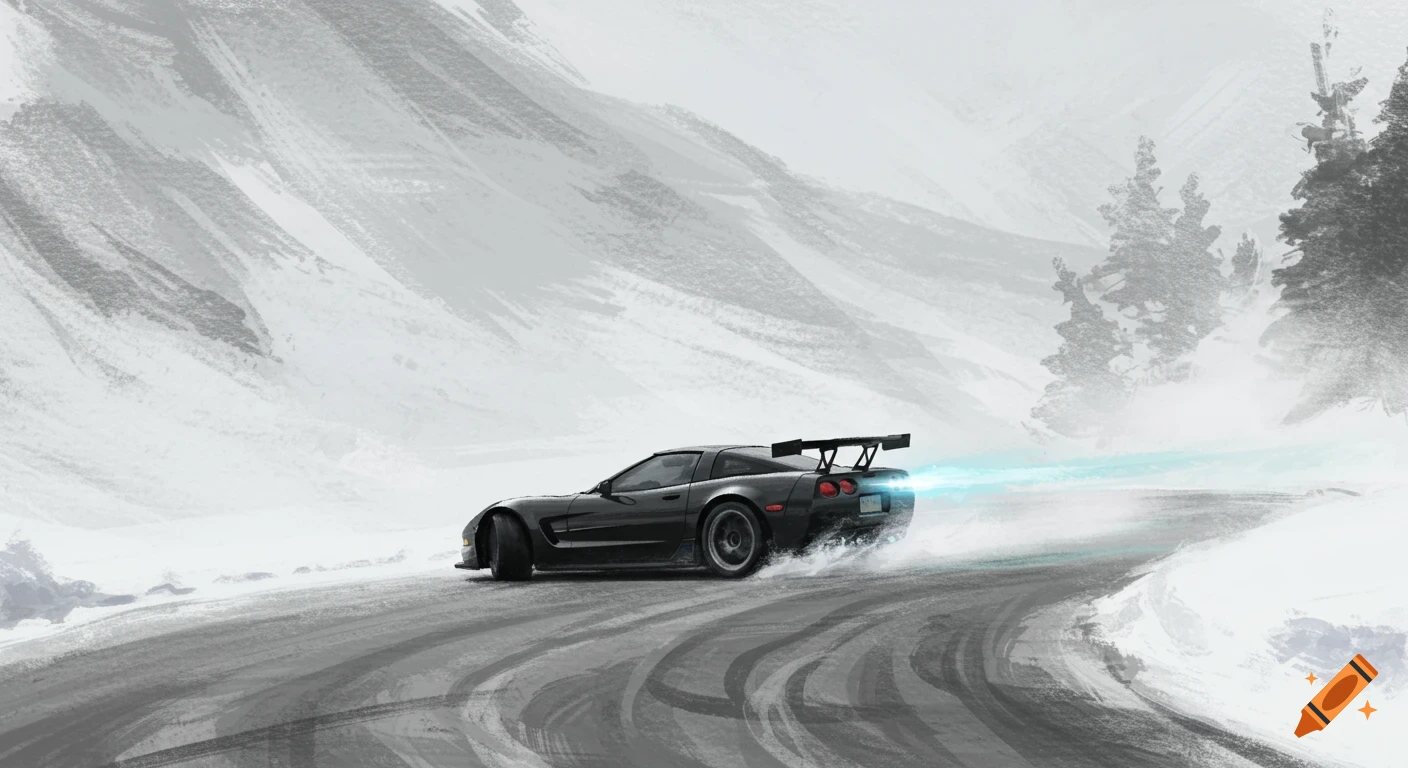 A black C5 Corvette drifts on a snowy mountain road in an ink wash style.