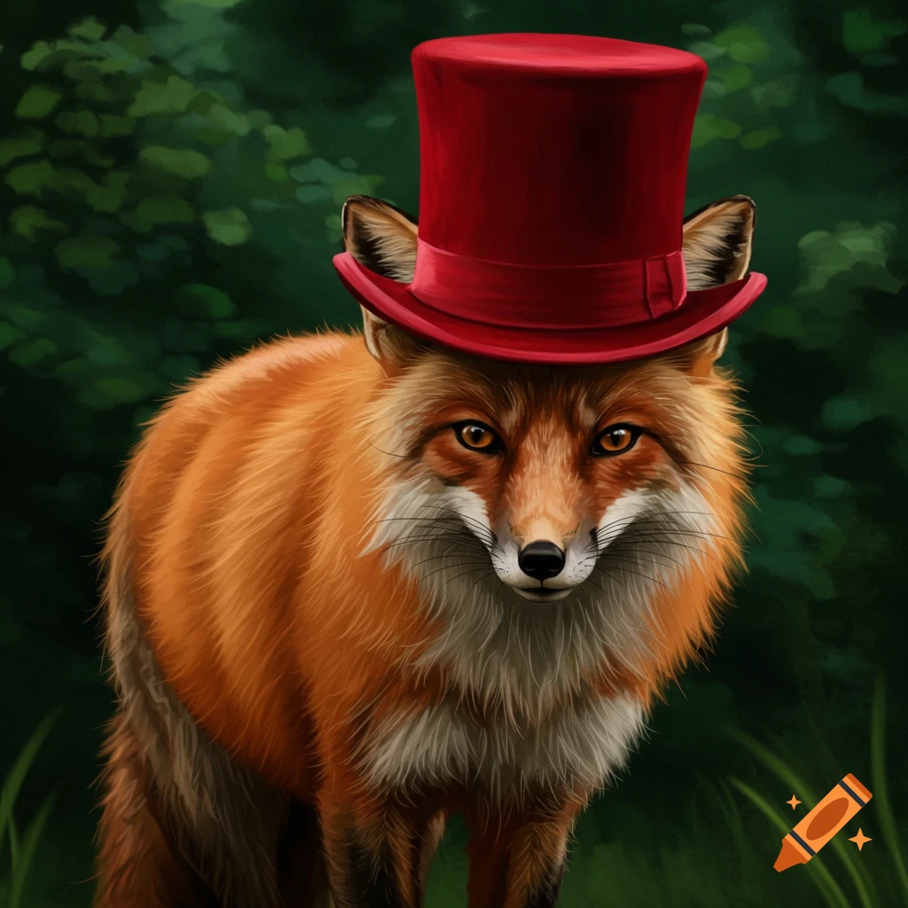 A fox wearing a red top hat stands in a forest clearing.