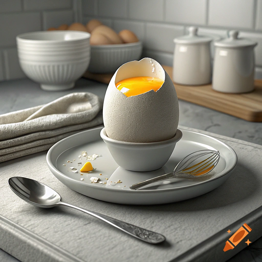 A soft-boiled egg in a ceramic cup on a plate with a spoon and whisk in ...