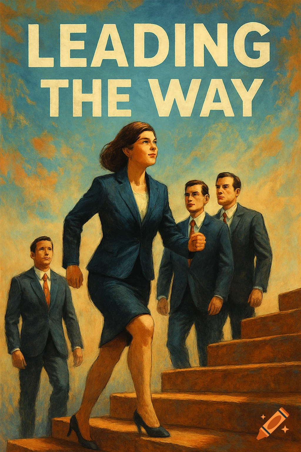 Painted illustration of a woman in a suit leading two men up stairs with the text 'LEADING THE WAY' above.
