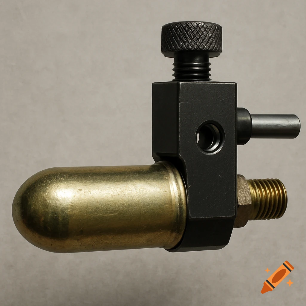 Close-up of a brass and black metal mechanical valve.