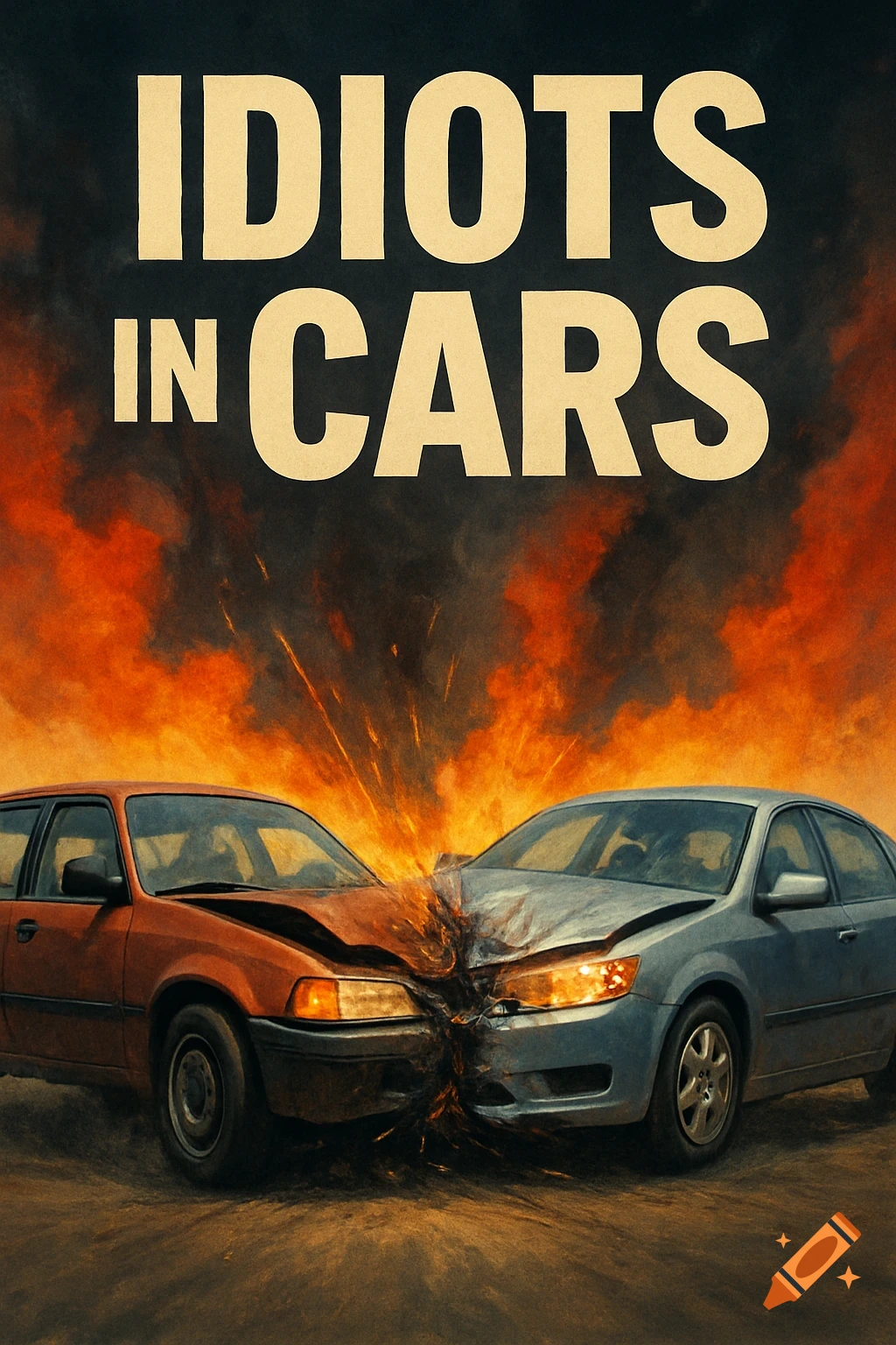 Movie poster titled 'IDIOTS IN CARS' showing two cars crashing in an explosion