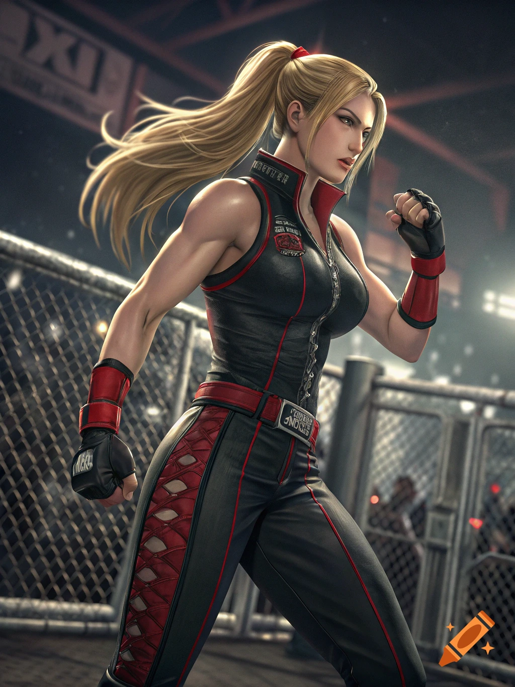 A blonde woman in black and red fighting gear poses in an arena.