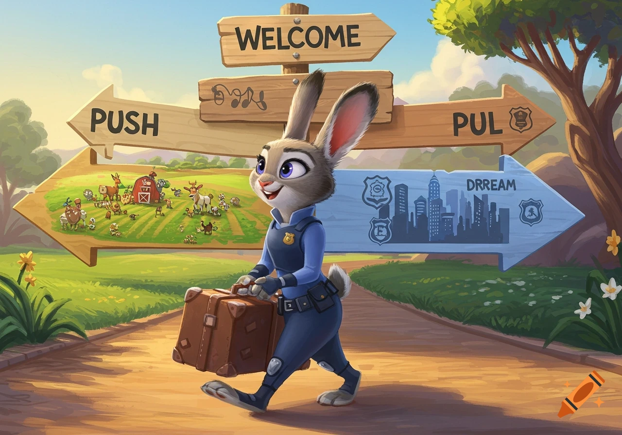 Judy Hopps carries a suitcase at a signpost pointing toward a farm and a city skyline.