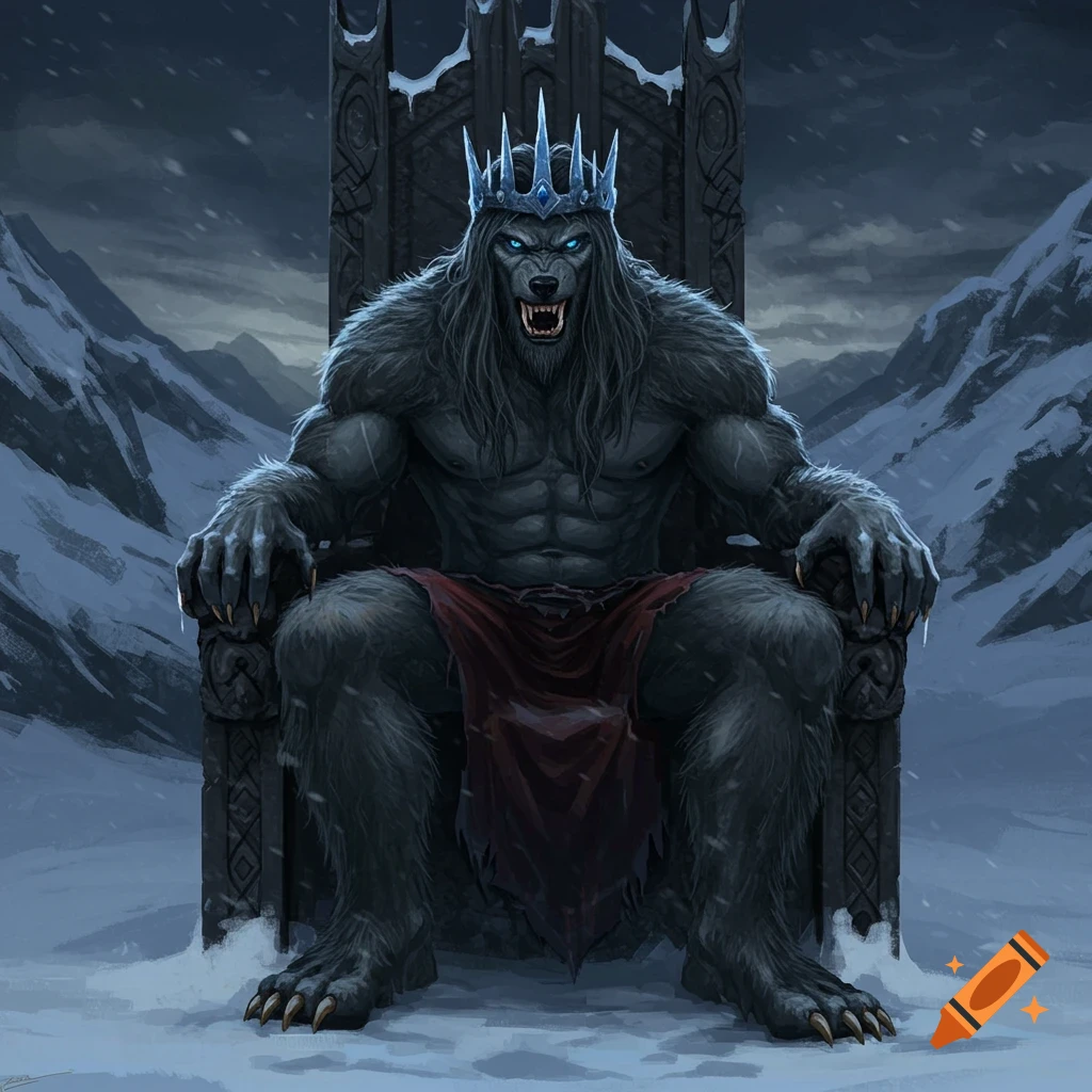 A fearsome werewolf king sits on a throne in a snowy mountain landscape.