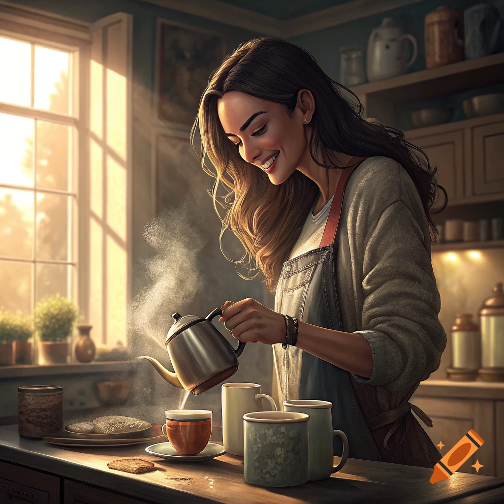 A woman in an apron smiles while pouring tea from a metal teapot into a ceramic cup in a sunlit kitchen.