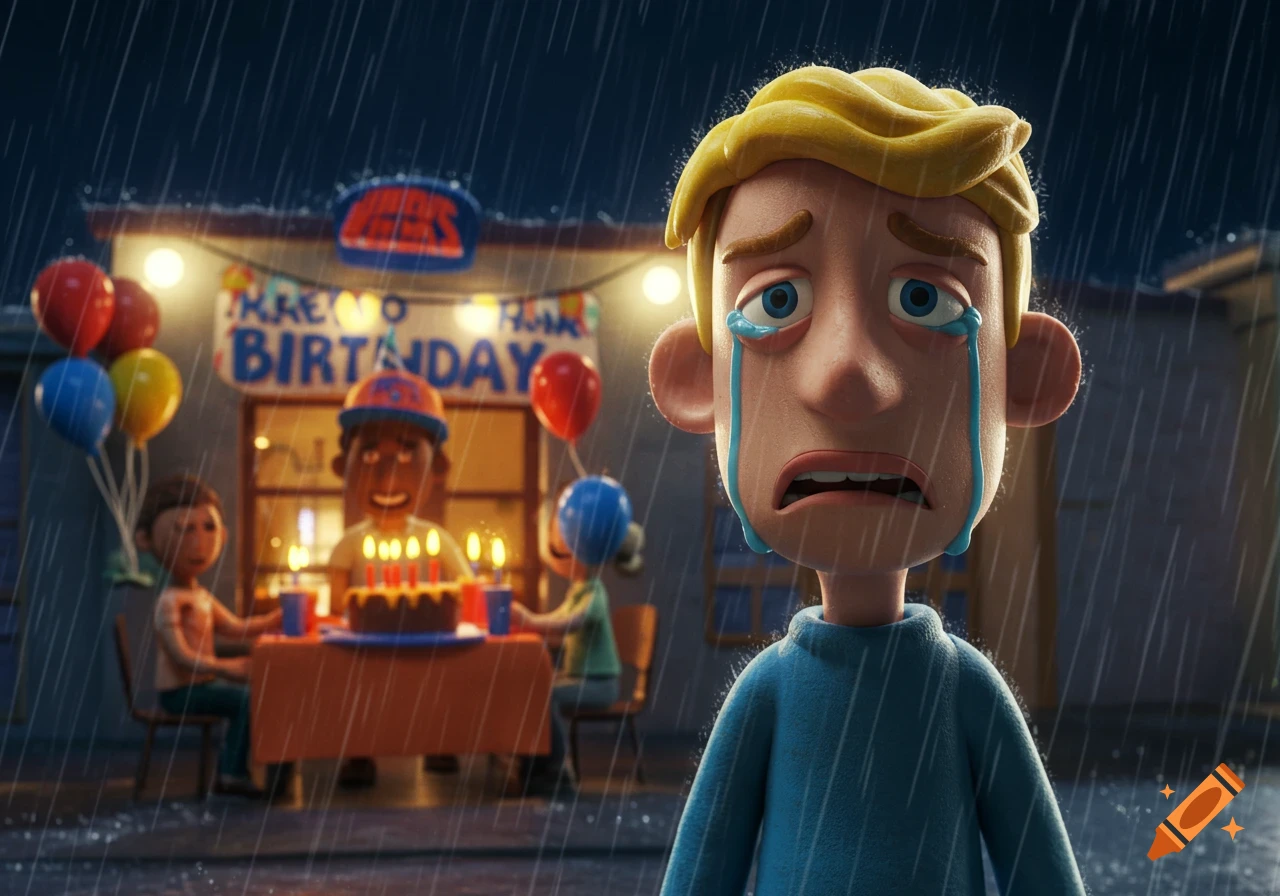 A blonde cartoon character cries in the rain outside a building where a birthday party is taking place.