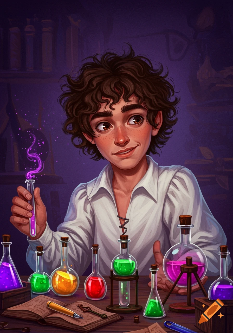 A young person with curly hair studies colorful potions in a fantasy laboratory.