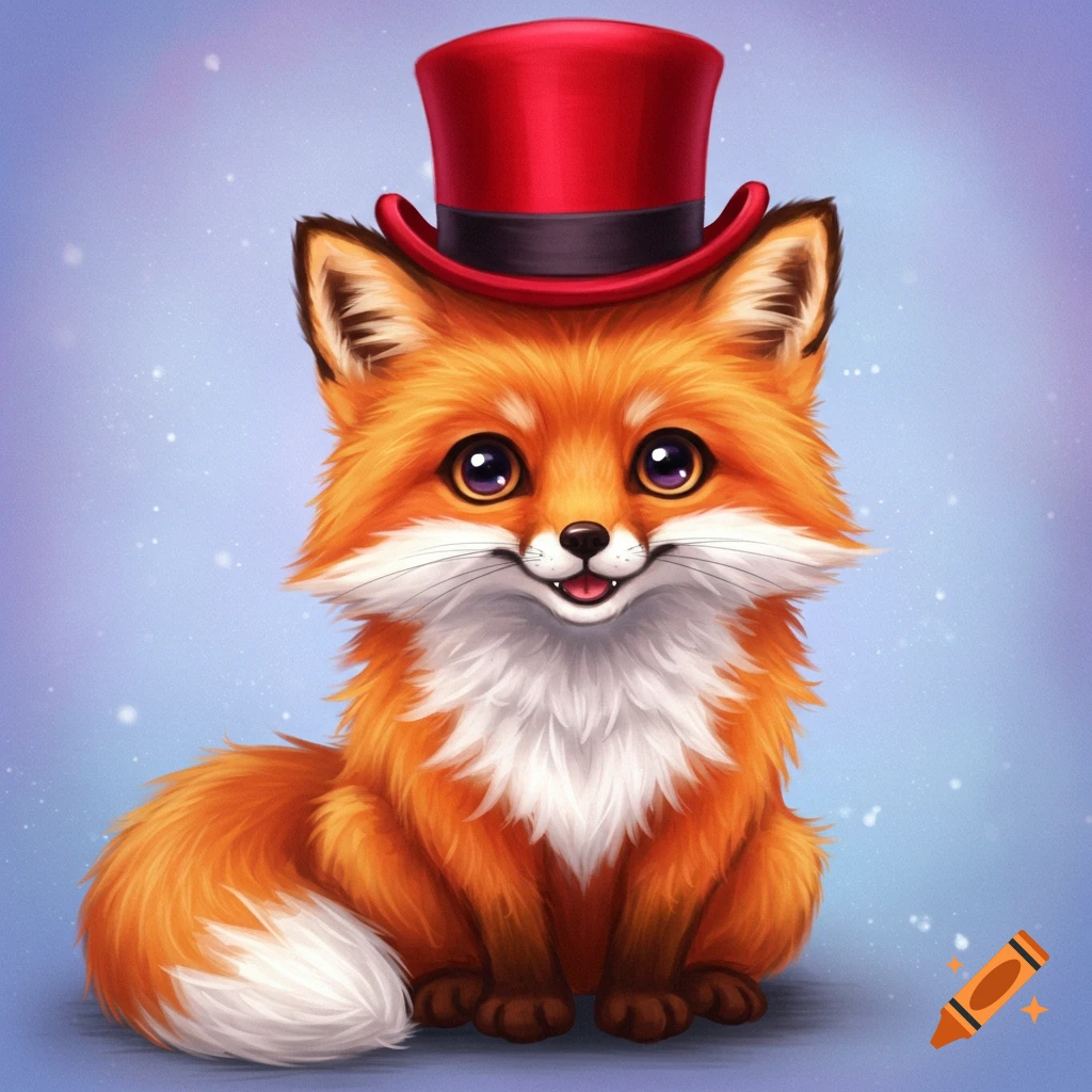 A cute cartoon fox wearing a red top hat.