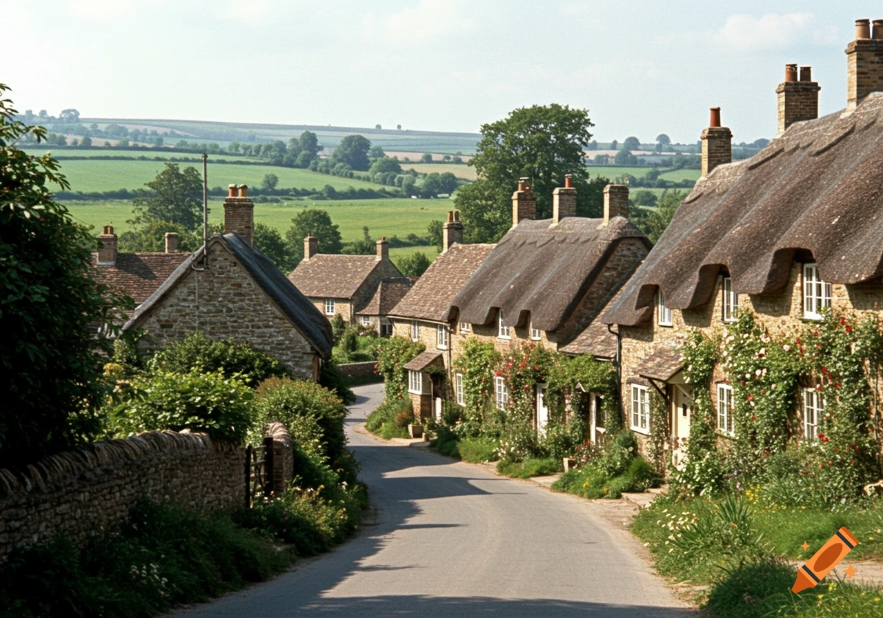 A winding village street lined with stone cottages and thatched roofs, surrounded by green hills.