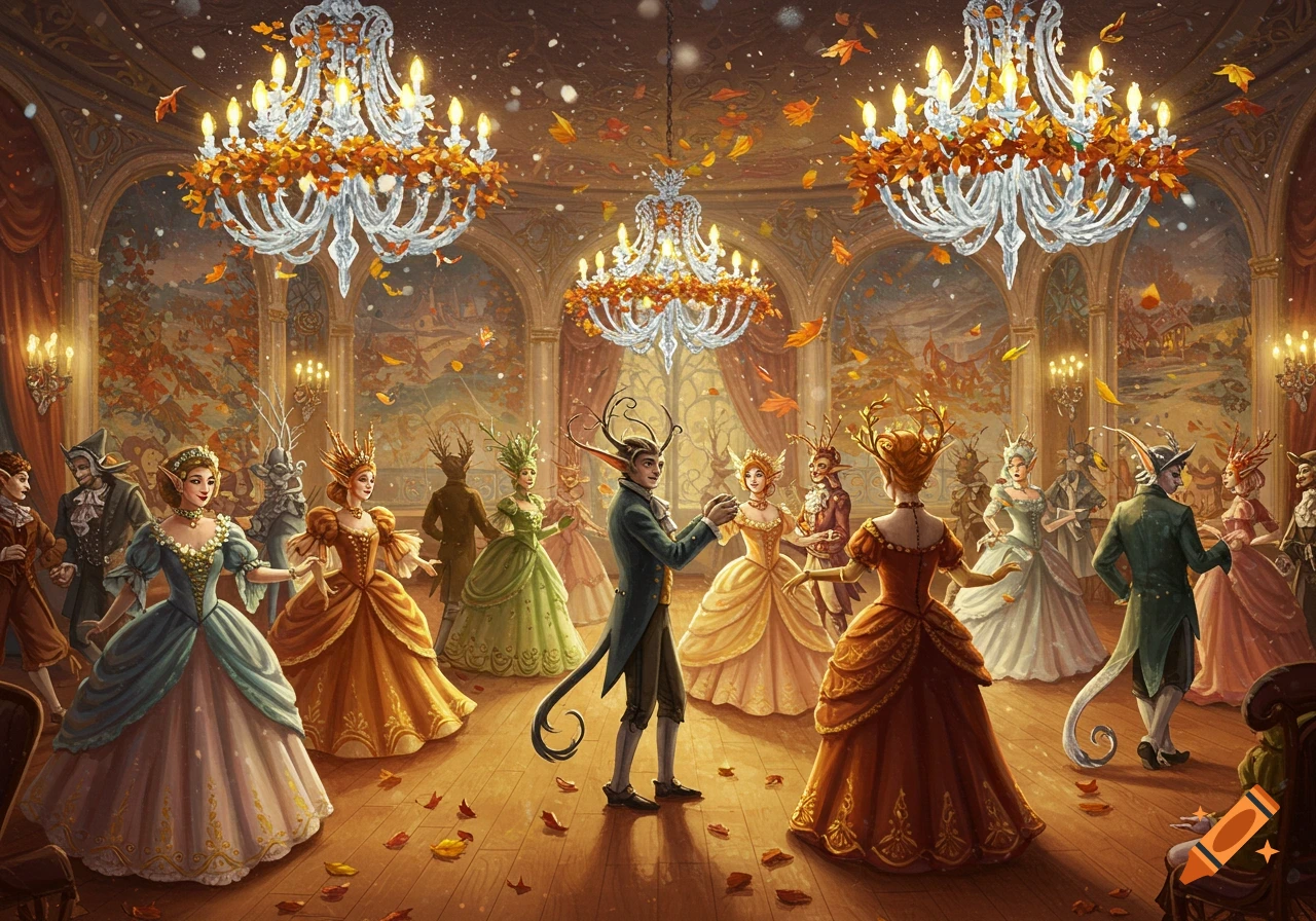 Fantasy ballroom dance with fey creatures in elaborate dresses under ornate chandeliers, with autumn leaves falling.