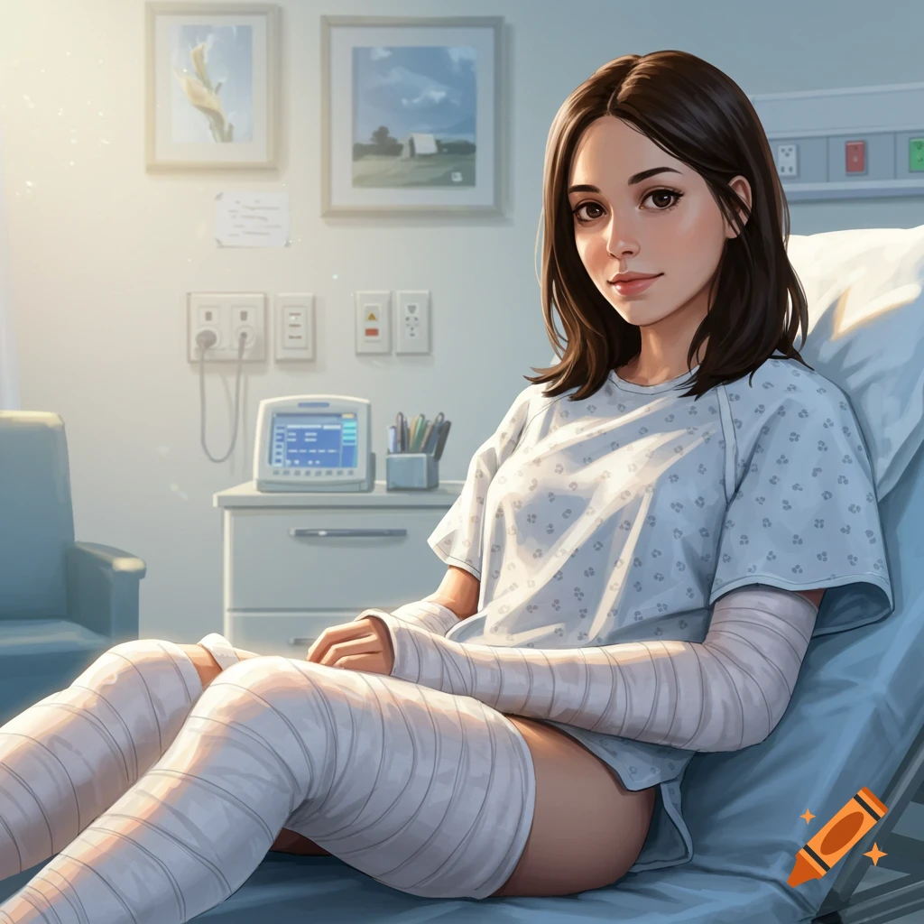 Woman sitting in a hospital bed with bandages on her arms and legs.
