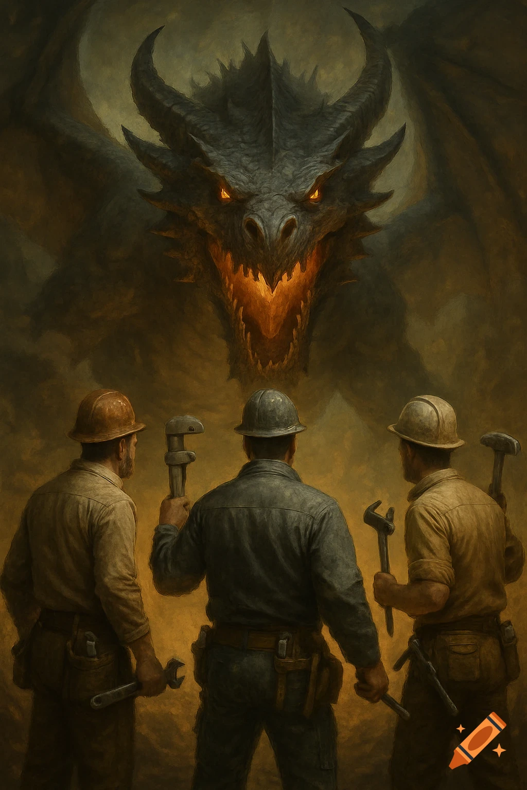 Three construction workers with tools face a large dragon in a dark fantasy painting.