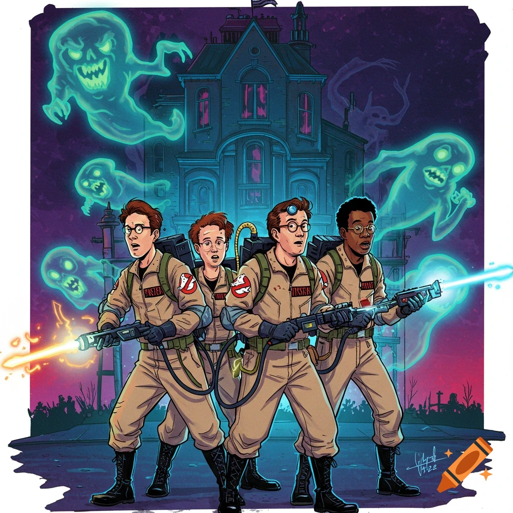 Four cartoon Ghostbusters with proton packs stand in front of a haunted mansion with ghosts.