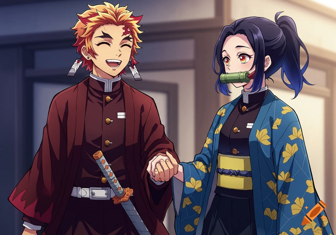 Anime image of Kyojuro Rengoku smiling and holding hands with a person wearing a bamboo muzzle and floral haori.