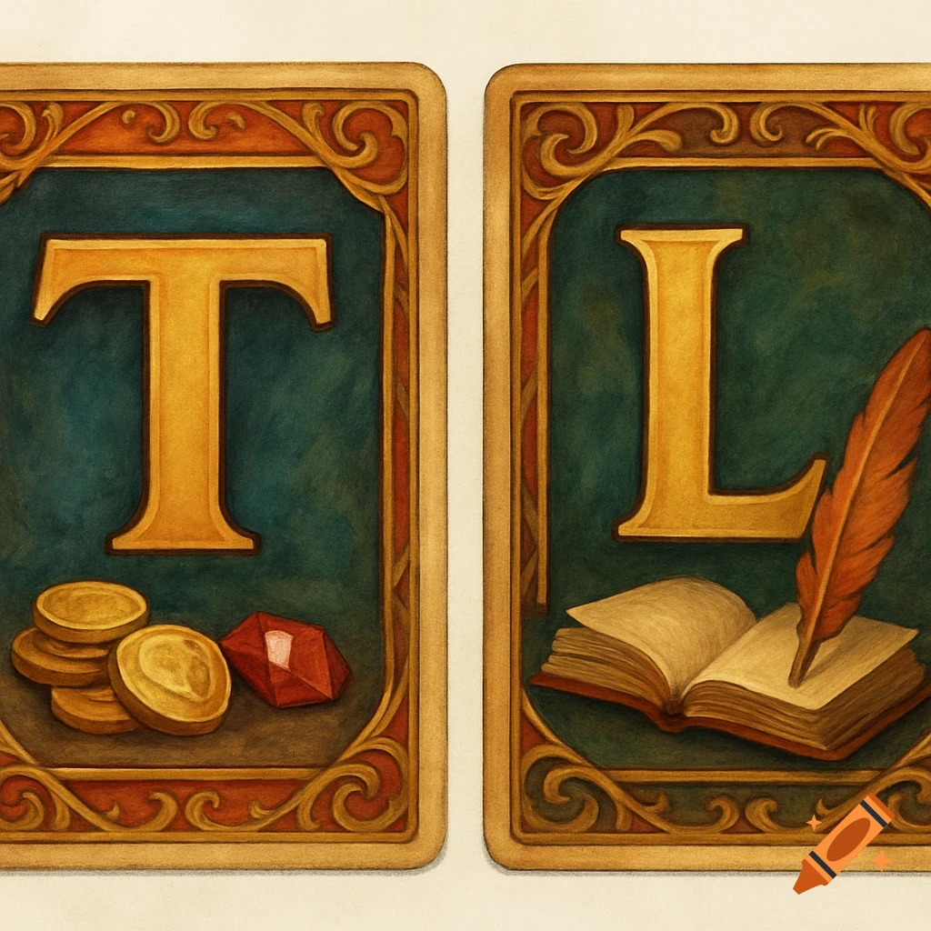 Two decorative trading cards, one with a golden 'T' and coins, the other with a golden 'L', an open book, and a quill.
