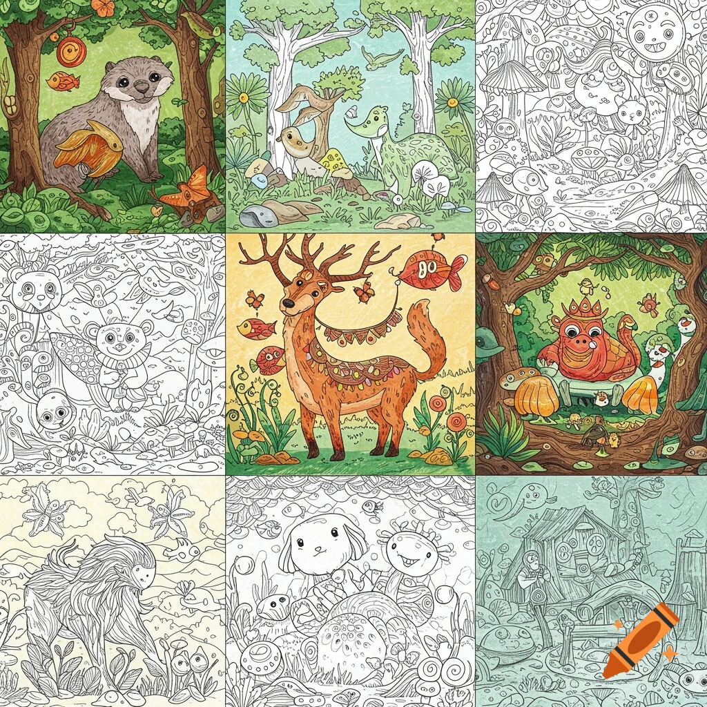 Grid of whimsical coloring book illustrations featuring animals, creatures, and nature scenes in a line art style with some color patches.